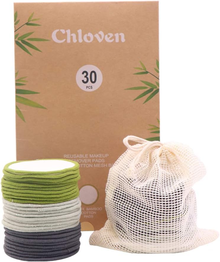 Chloven 30 Pack Reusable Makeup Remover Pads - Bamboo Cotton Rounds for Toner, Washable, Eco-Friendly for All Skin Types with Cotton Laundry Bag