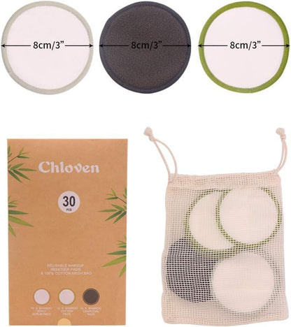 Chloven 30 Pack Reusable Makeup Remover Pads - Bamboo Cotton Rounds for Toner, Washable, Eco-Friendly for All Skin Types with Cotton Laundry Bag