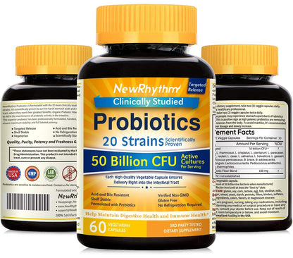 NewRhythm Probiotics 50 Billion CFU 20 Strains, 60 Veggie Capsules, Targeted Release Technology, Stomach Acid Resistant, No Need for Refrigeration, Non-GMO, Gluten Free