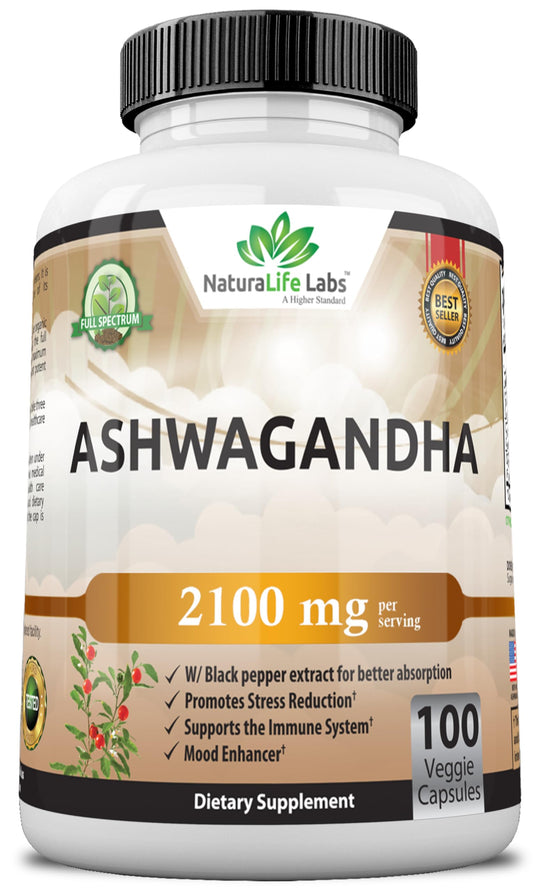 Organic Ashwagandha 2,100 mg - 100 Veggie Capsules Pure Organic Ashwagandha Powder and Root Extract - Stress Relief, Mood Enhancer