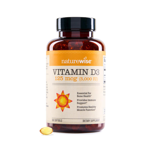 NatureWise Vitamin D3 5000iu (125 mcg) 1 Year Supply for Healthy Muscle Function, and Immune Support, Non-GMO, Gluten Free in Cold-Pressed Olive Oil, Packaging Vary ( Mini Softgel), 360 Count