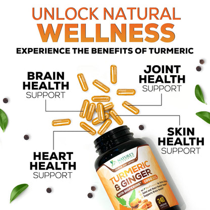 Turmeric Curcumin Supplement 1950mg with Organic Turmeric & Ginger, 95% Curcuminoids, BioPerine Black Pepper for Best Absorption, Nature's Vegan Joint Support, Non-GMO, Bottled in USA - 240 Capsules