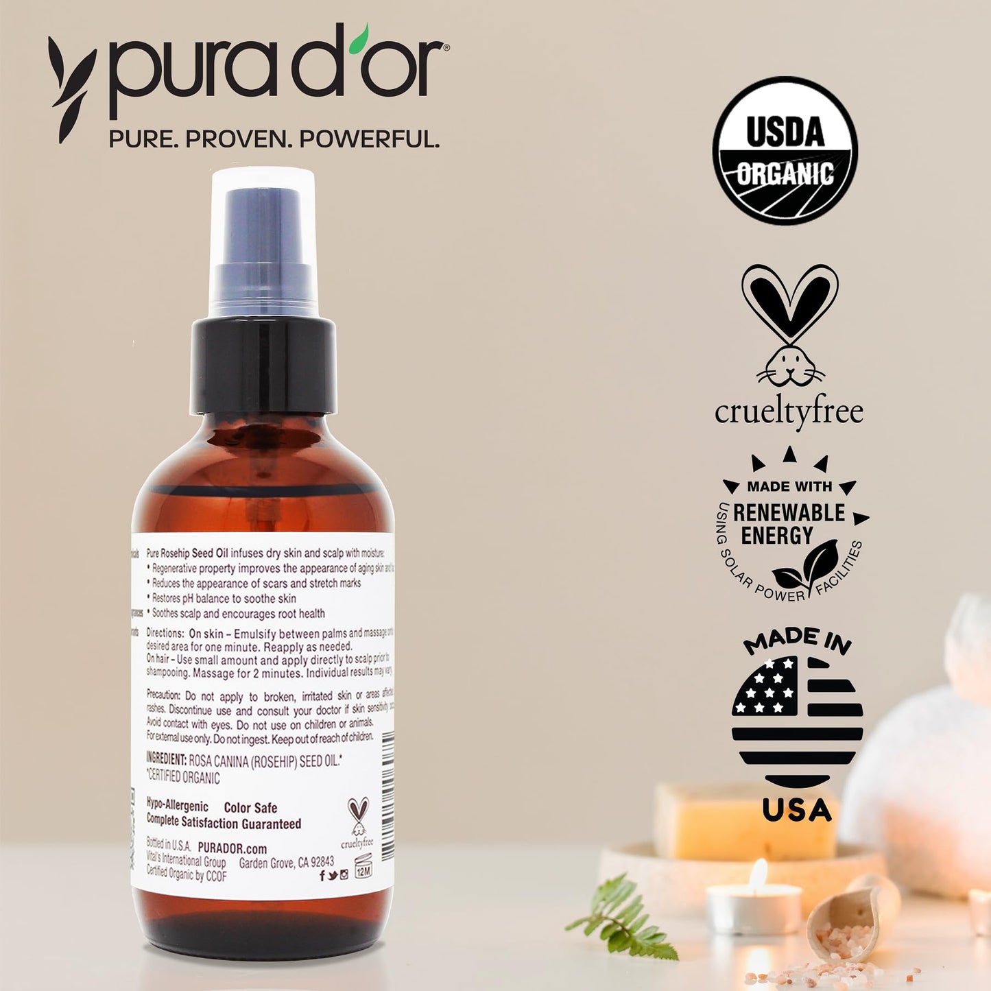 PURA D'OR 4 Oz ORGANIC Rosehip Seed Oil Hair Relaxer 100% Pure Cold Pressed USDA Certified All Natural For Anti-Aging, Scar Treatment, Face, Hair Relaxer & Skin Moisturizer - Women & Men