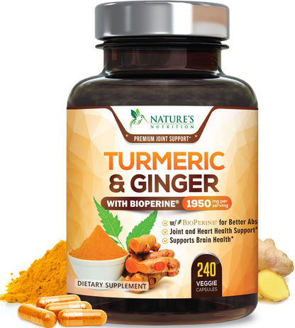 Turmeric Curcumin Supplement 1950mg with Organic Turmeric & Ginger, 95% Curcuminoids, BioPerine Black Pepper for Best Absorption, Nature's Vegan Joint Support, Non-GMO, Bottled in USA - 240 Capsules