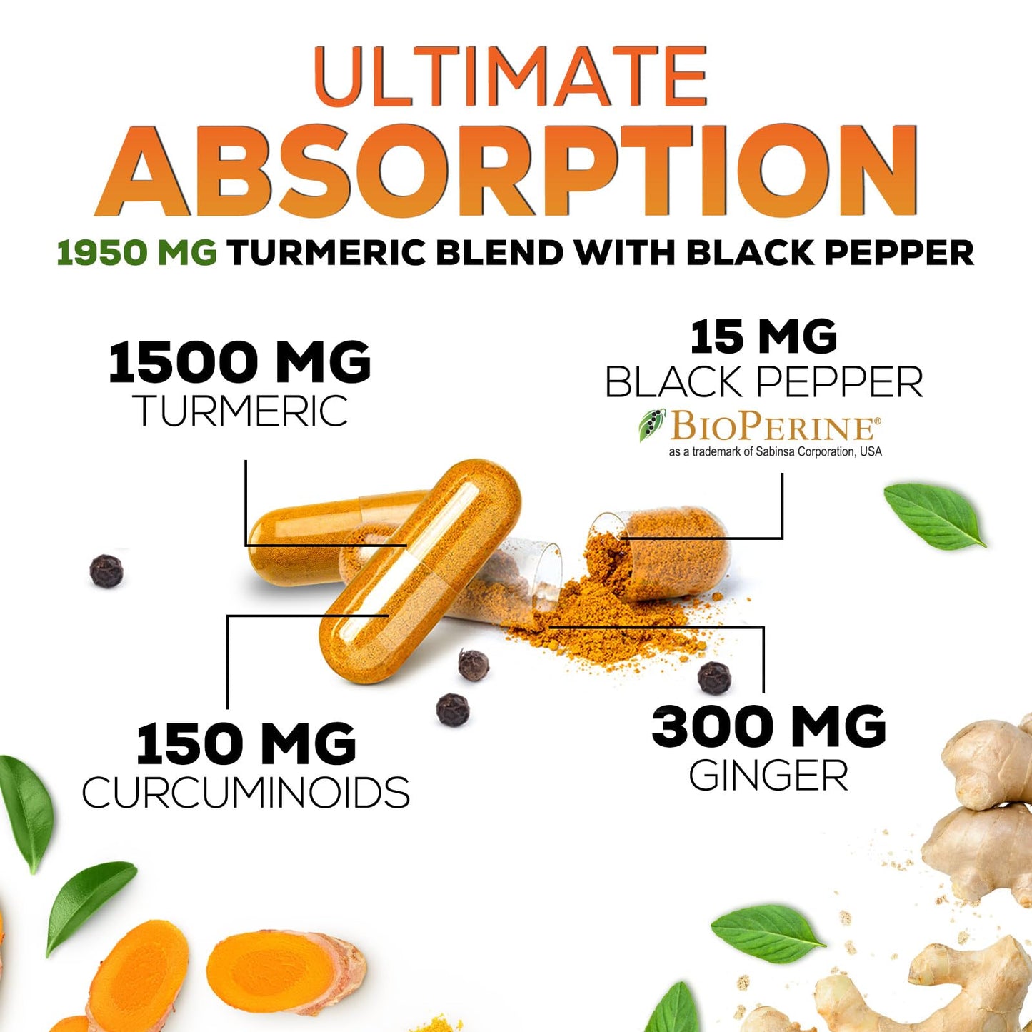 Turmeric Curcumin Supplement 1950mg with Organic Turmeric & Ginger, 95% Curcuminoids, BioPerine Black Pepper for Best Absorption, Nature's Vegan Joint Support, Non-GMO, Bottled in USA - 240 Capsules