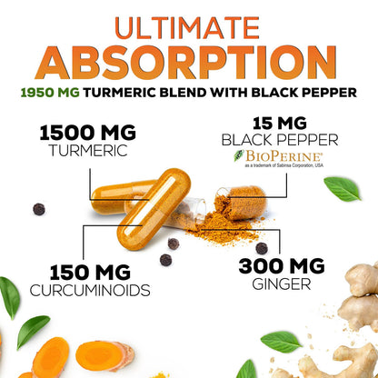 Turmeric Curcumin Supplement 1950mg with Organic Turmeric & Ginger, 95% Curcuminoids, BioPerine Black Pepper for Best Absorption, Nature's Vegan Joint Support, Non-GMO, Bottled in USA - 240 Capsules