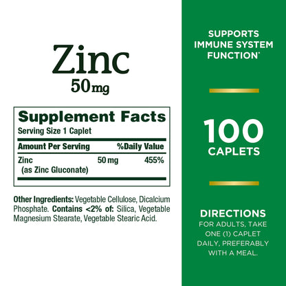 Nature's Bounty Zinc, Supports Immune System Function, Dietary Supplement, 50 mg, Caplets, 100 Ct