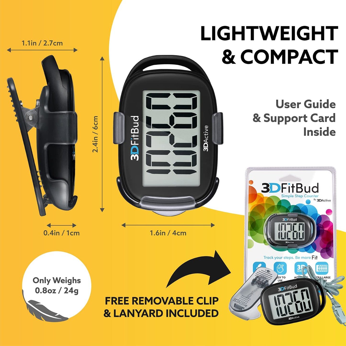 3DFitBud Simple Step Counter Walking 3D Pedometer with Clip and Lanyard, A420S (Black)