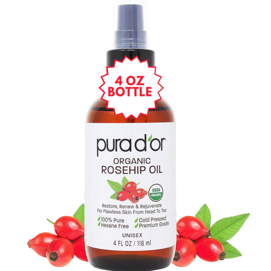 PURA D'OR 4 Oz ORGANIC Rosehip Seed Oil Hair Relaxer 100% Pure Cold Pressed USDA Certified All Natural For Anti-Aging, Scar Treatment, Face, Hair Relaxer & Skin Moisturizer - Women & Men