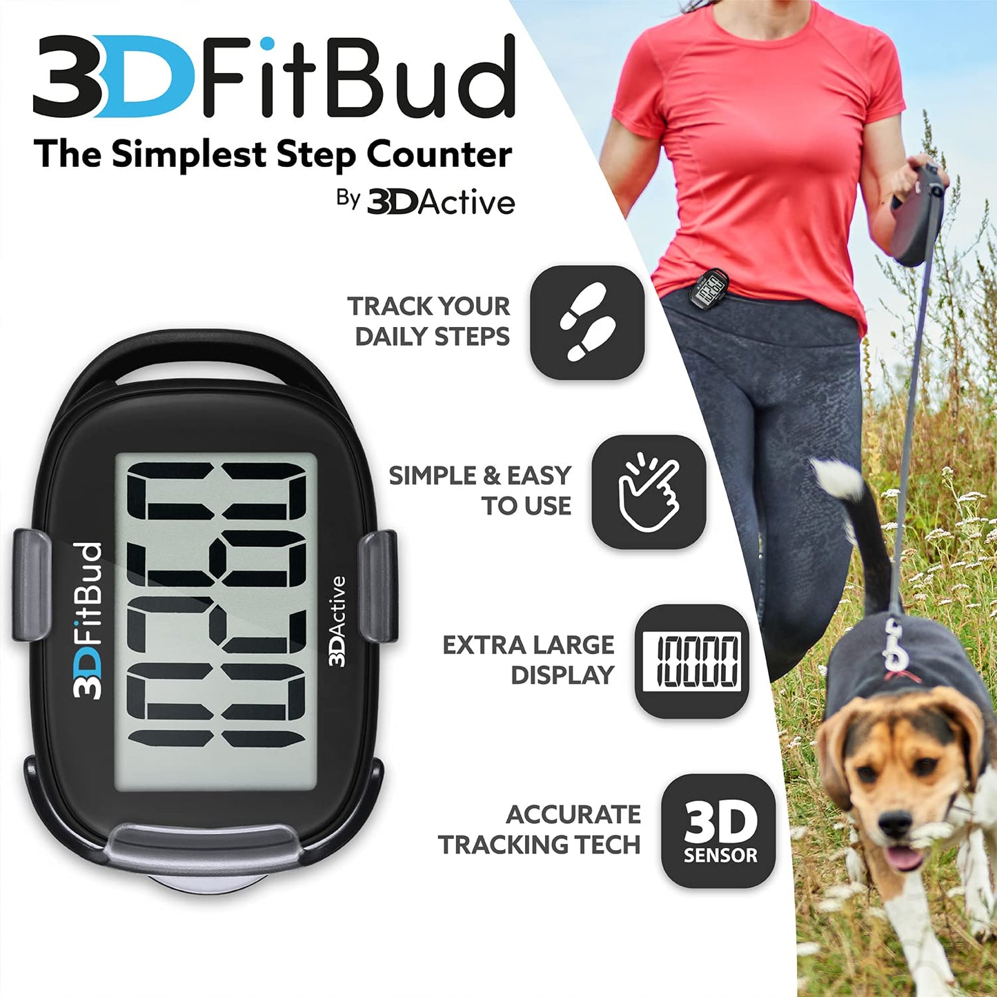 3DFitBud Simple Step Counter Walking 3D Pedometer with Clip and Lanyard, A420S (Black)