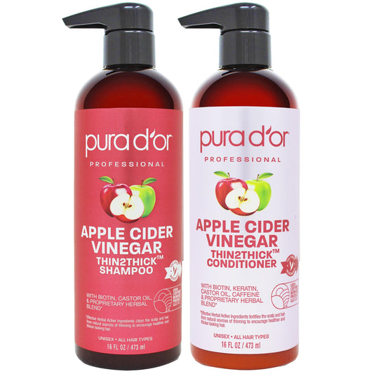 PURA D'OR Apple Cider Vinegar Thin2Thick Set Shampoo Conditioner for Regrowth, Hair Loss, Clarifying, Detox (2 x 16oz) Biotin, Keratin, Caffeine, Castor Oil, All Hair Type, Men/Women, Packaging varies Product Name