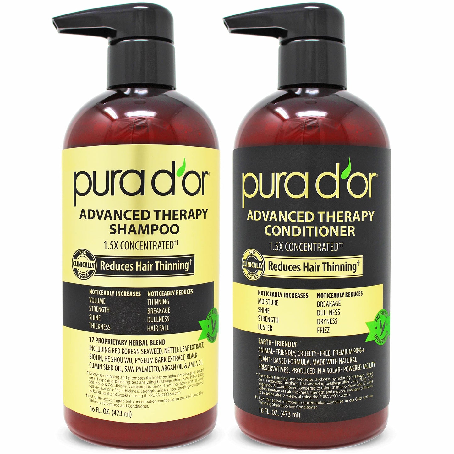 PURA D'OR Advanced Therapy Biotin Shampoo & Conditioner Hair Care Set For Hair Thinning, CLINICALLY TESTED Effective Results, DHT Blocker Hair Thickening Products For Women & Men, 16oz x2