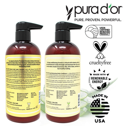 PURA D'OR Anti-Thinning Biotin Shampoo & Deep Moisturizing Conditioner Original Gold Label Set (16oz x2) Natural Earthy Scent, CLINICALLY TESTED Effective Results, DHT Blocker Thickening, Women & Men