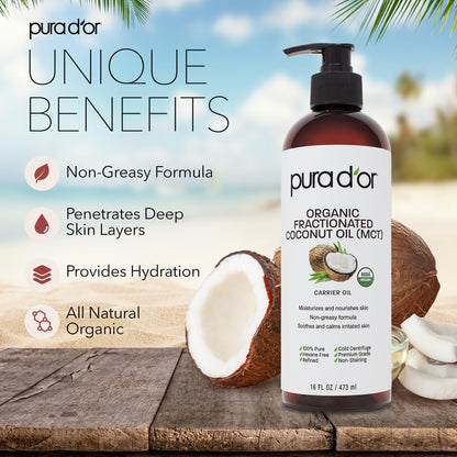 PURA D'OR 16 Oz ORGANIC Fractionated Coconut Oil - MCT Oil - 100% Pure & Natural USDA Certified Cold Pressed Carrier Oil - Unscented, Hexane Free Moisturizer For Face, Skin & Hair Tonic - Men & Women