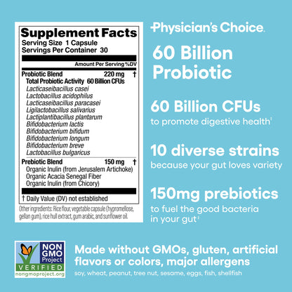 Physician's Choice Probiotics 60 Billion CFU - 10 Strains + Organic Prebiotics - Immune, Digestive & Gut Health - Supports Occasional Constipation, Diarrhea, Gas & Bloating - for Women & Men - 30ct