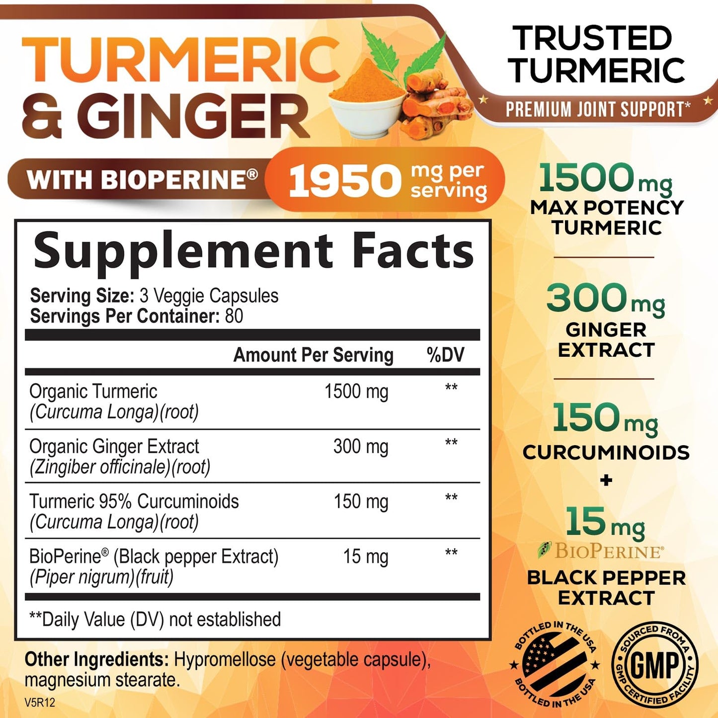 Turmeric Curcumin Supplement 1950mg with Organic Turmeric & Ginger, 95% Curcuminoids, BioPerine Black Pepper for Best Absorption, Nature's Vegan Joint Support, Non-GMO, Bottled in USA - 240 Capsules