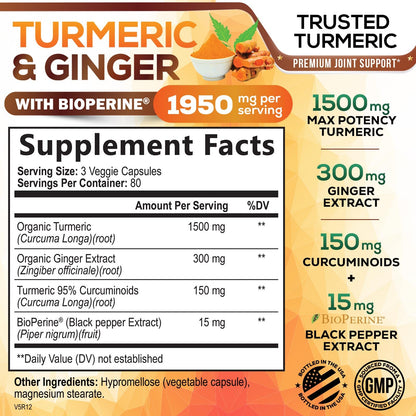 Turmeric Curcumin Supplement 1950mg with Organic Turmeric & Ginger, 95% Curcuminoids, BioPerine Black Pepper for Best Absorption, Nature's Vegan Joint Support, Non-GMO, Bottled in USA - 240 Capsules