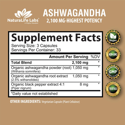 Organic Ashwagandha 2,100 mg - 100 Veggie Capsules Pure Organic Ashwagandha Powder and Root Extract - Stress Relief, Mood Enhancer