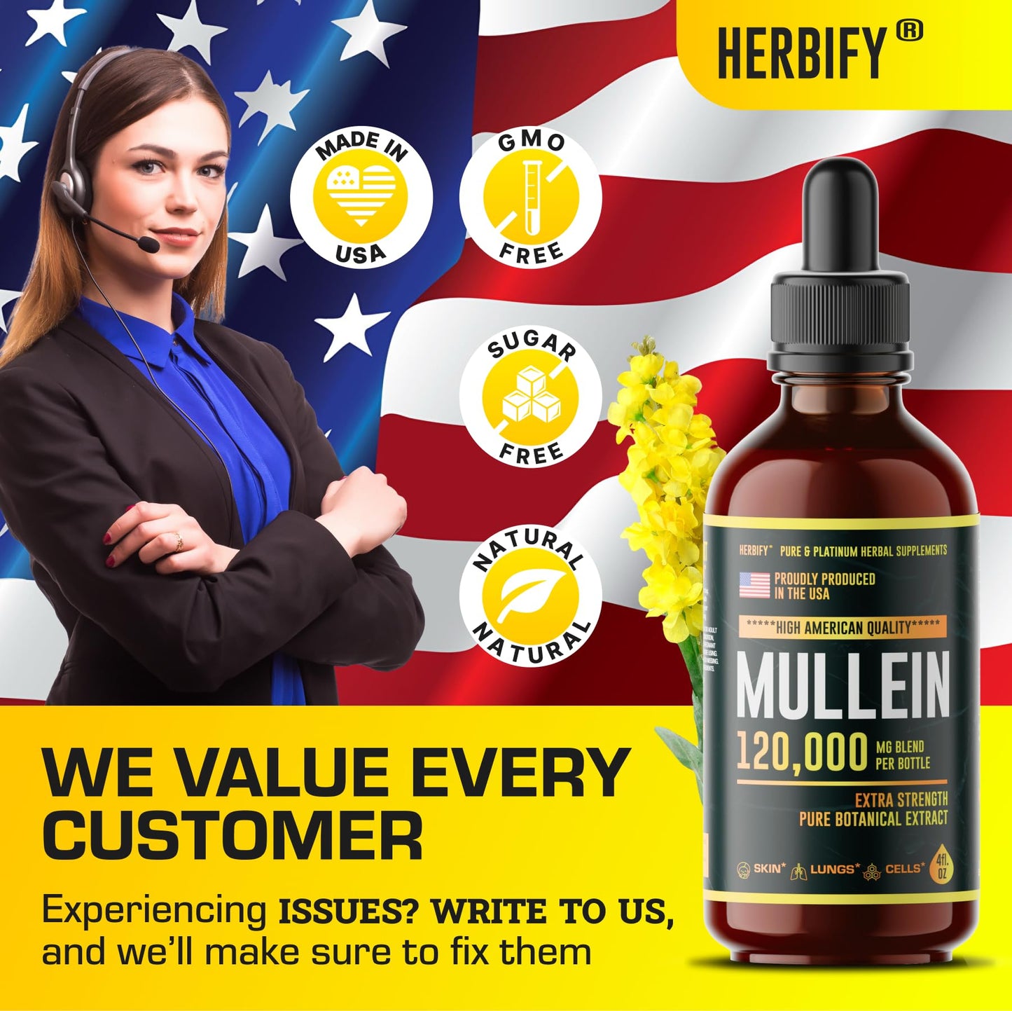 HERBIFY Mullein Drops - Lung Cleanse - Leaf Extract - Powerful Mullein for Immune Support,Detox & Respiratory Support - Made in USA - Herbal Supplements - 4 Oz