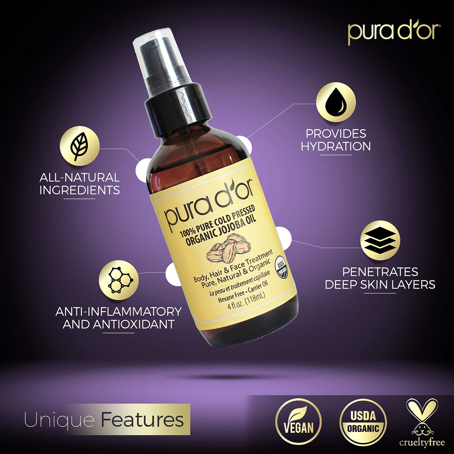 PURA D'OR Organic Jojoba Oil (4oz / 118mL) 100% Pure USDA Certified Premium Grade Natural Moisturizer: Cold Pressed,Unrefined,Hexane-Free Base Carrier for DIY Skin Care,Hair,Face & Nails