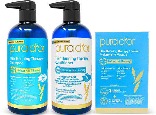 PURA D'OR Hair Thinning Therapy 3-Piece Set, Shampoo, Conditioner & Masque for Best Results, Infused with Argan Oil, Biotin, All Hair Types, Men & Women (Packaging may vary)