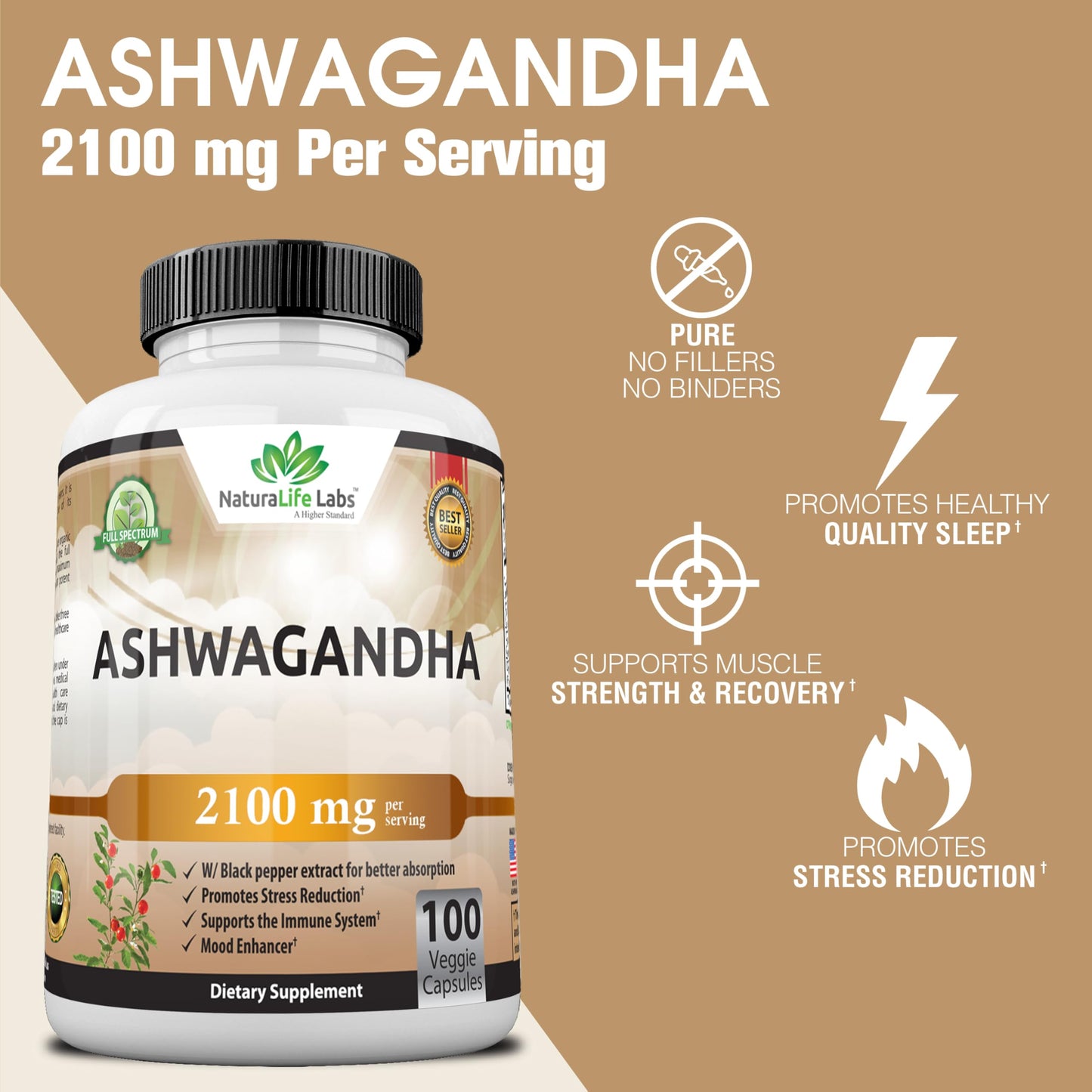 Organic Ashwagandha 2,100 mg - 100 Veggie Capsules Pure Organic Ashwagandha Powder and Root Extract - Stress Relief, Mood Enhancer