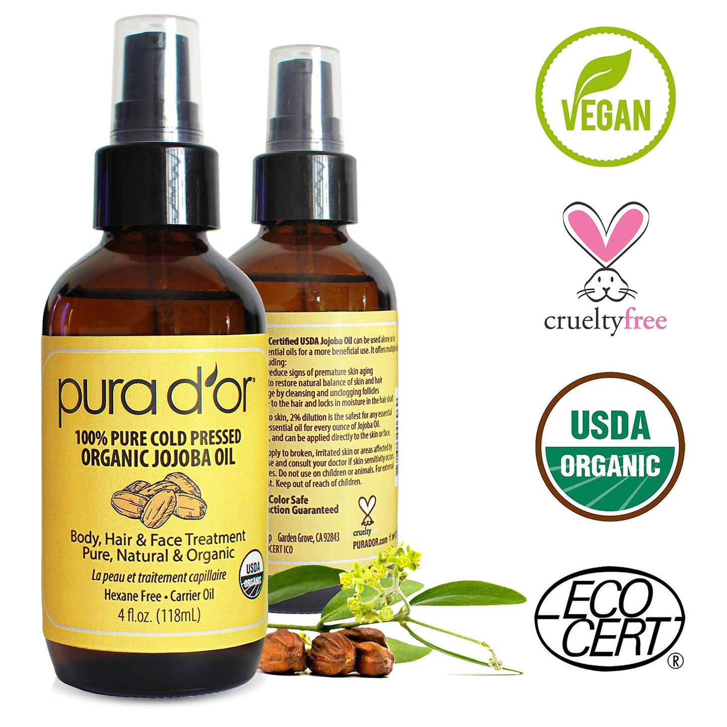 PURA D'OR Organic Jojoba Oil (4oz / 118mL) 100% Pure USDA Certified Premium Grade Natural Moisturizer: Cold Pressed,Unrefined,Hexane-Free Base Carrier for DIY Skin Care,Hair,Face & Nails